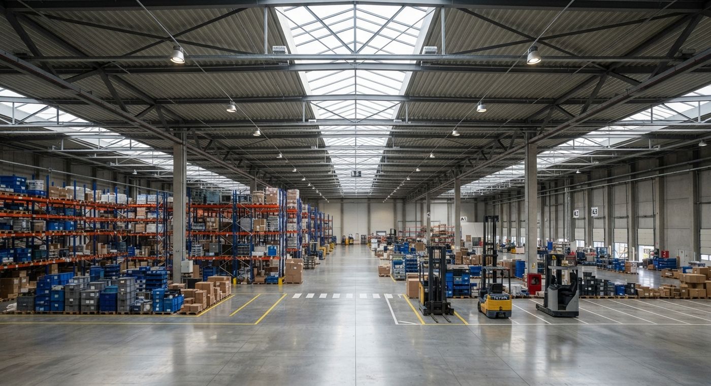 Nave industrial iluminada con luminarias LED de alta eficiencia y tragaluces prismáticos